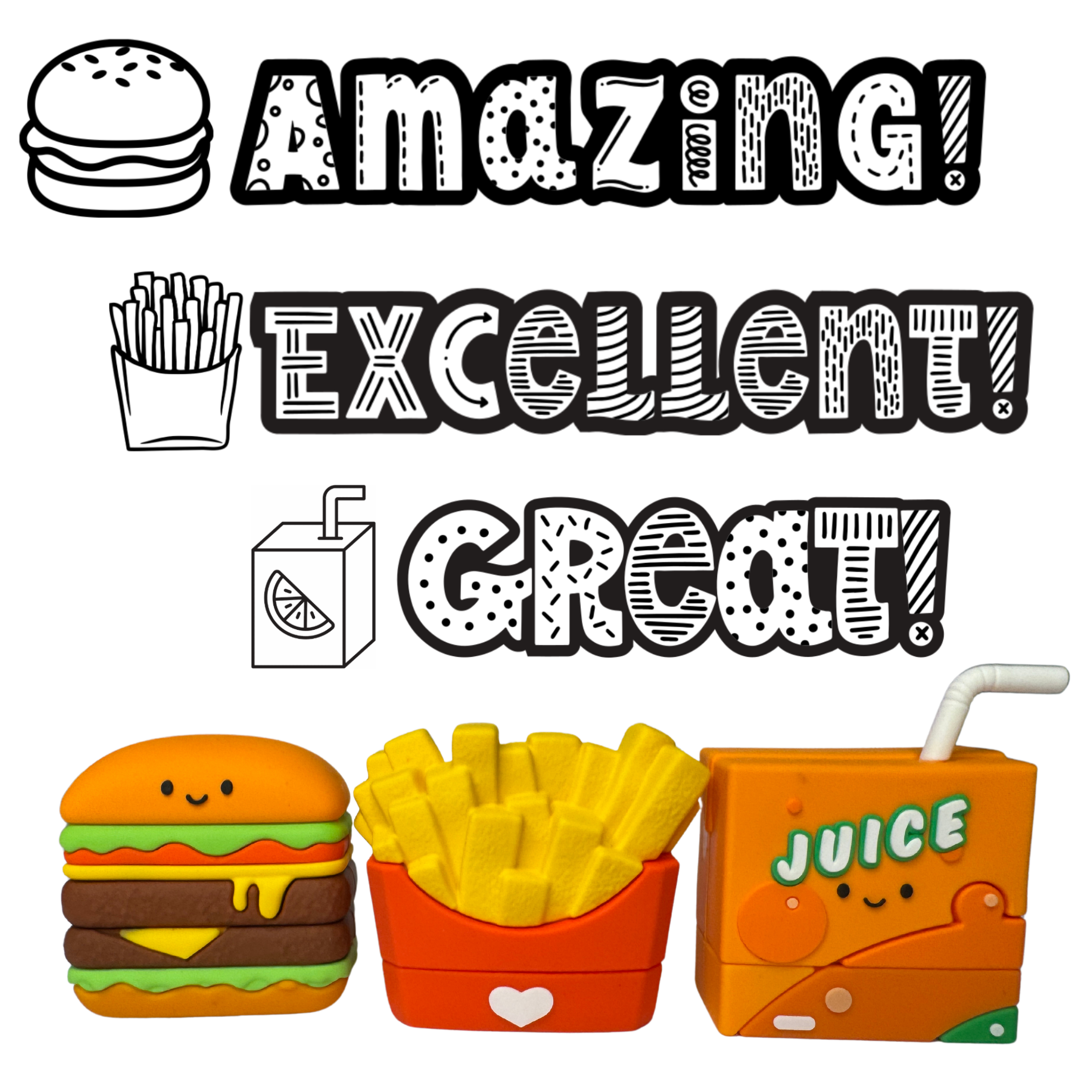 Amazing On-the-go Fast Food Stamp Set - 3 x Teacher Stamps 40mm x 15mm