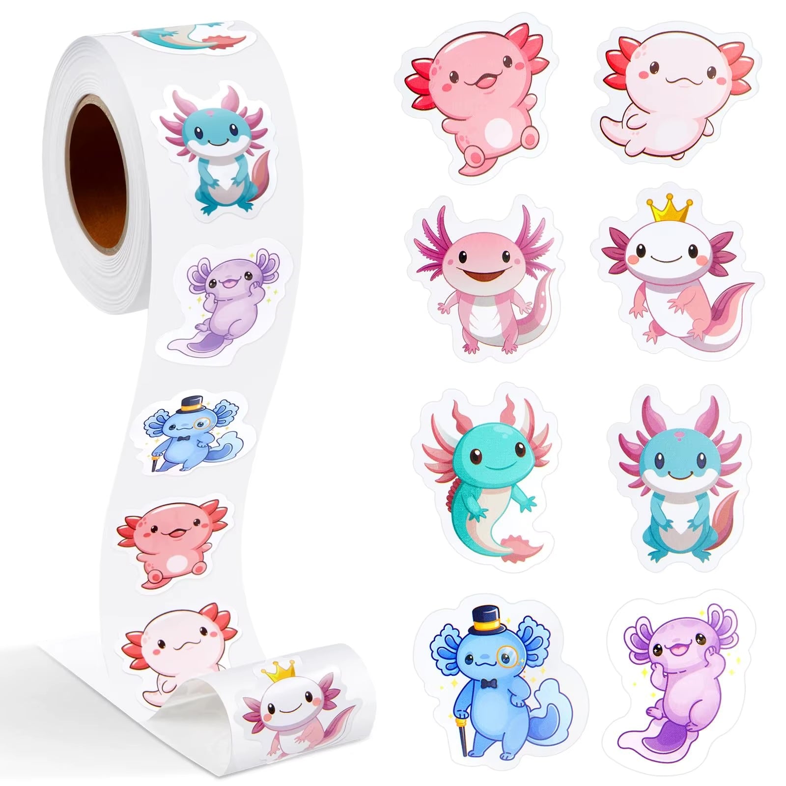 NEW! Axolotyl Stickers 500 on a roll - Colourful Teacher Merit Stickers