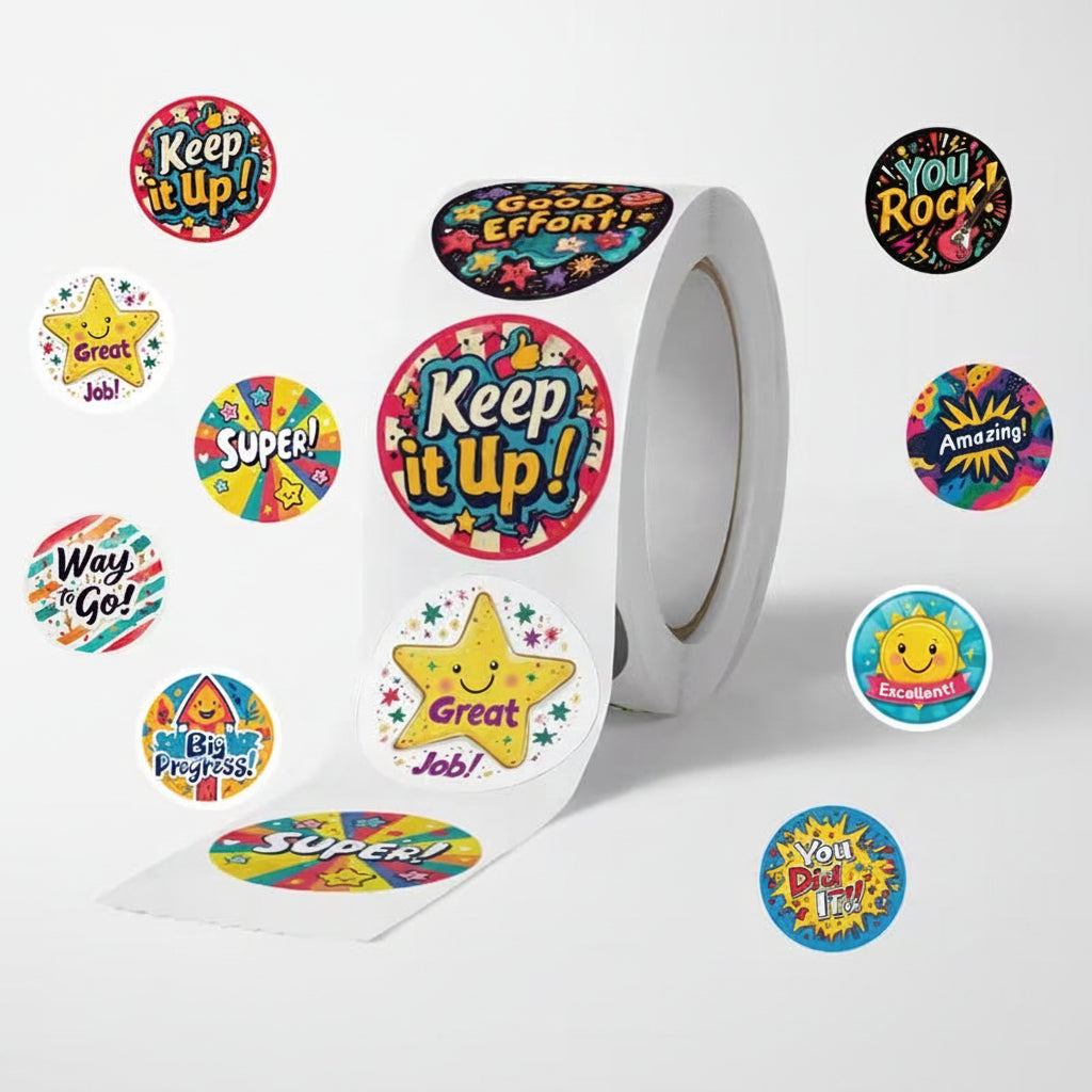 New! Big Progress Award Stickers 500 on a roll - Colourful Teacher Merit Stickers
