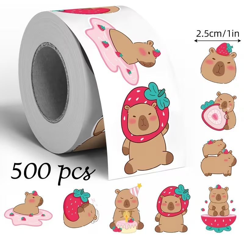 NEW! Capybara Strawberry Stickers 500 on a roll - Colourful Teacher Merit Stickers