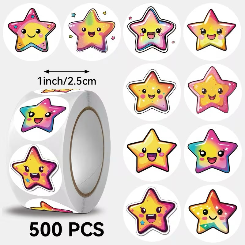 * NEW Cartoon Stars 500 on a roll - Colourful Teacher Merit Stickers