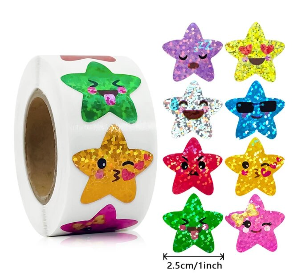 *FACES STARS Multicolour Holographic Stickers 500 on a roll - Colourful Teacher Merit Stickers