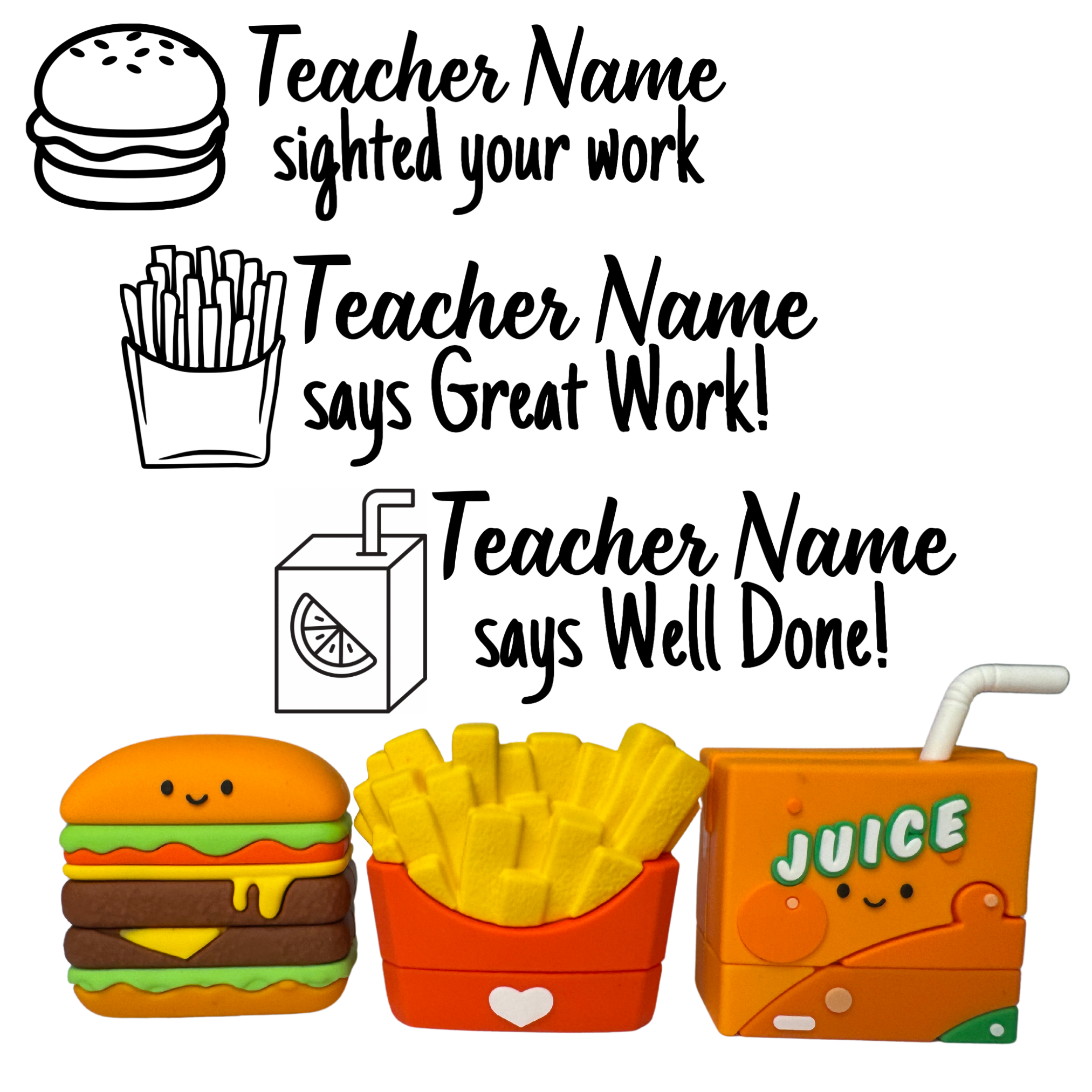 Fast Feedback Collection Fast Food Personalised Stamp Set - 3 x Teacher Stamps 40mm x 15mm