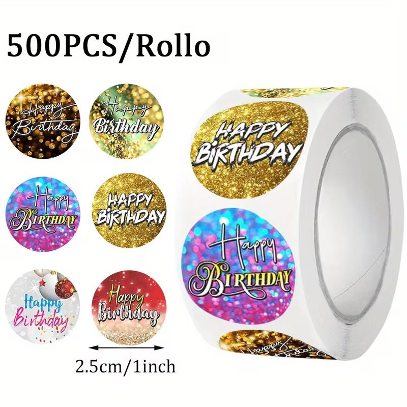 Happy Birthday Glittery Sparkle Stickers 500 on a roll - Colourful Teacher Merit Stickers