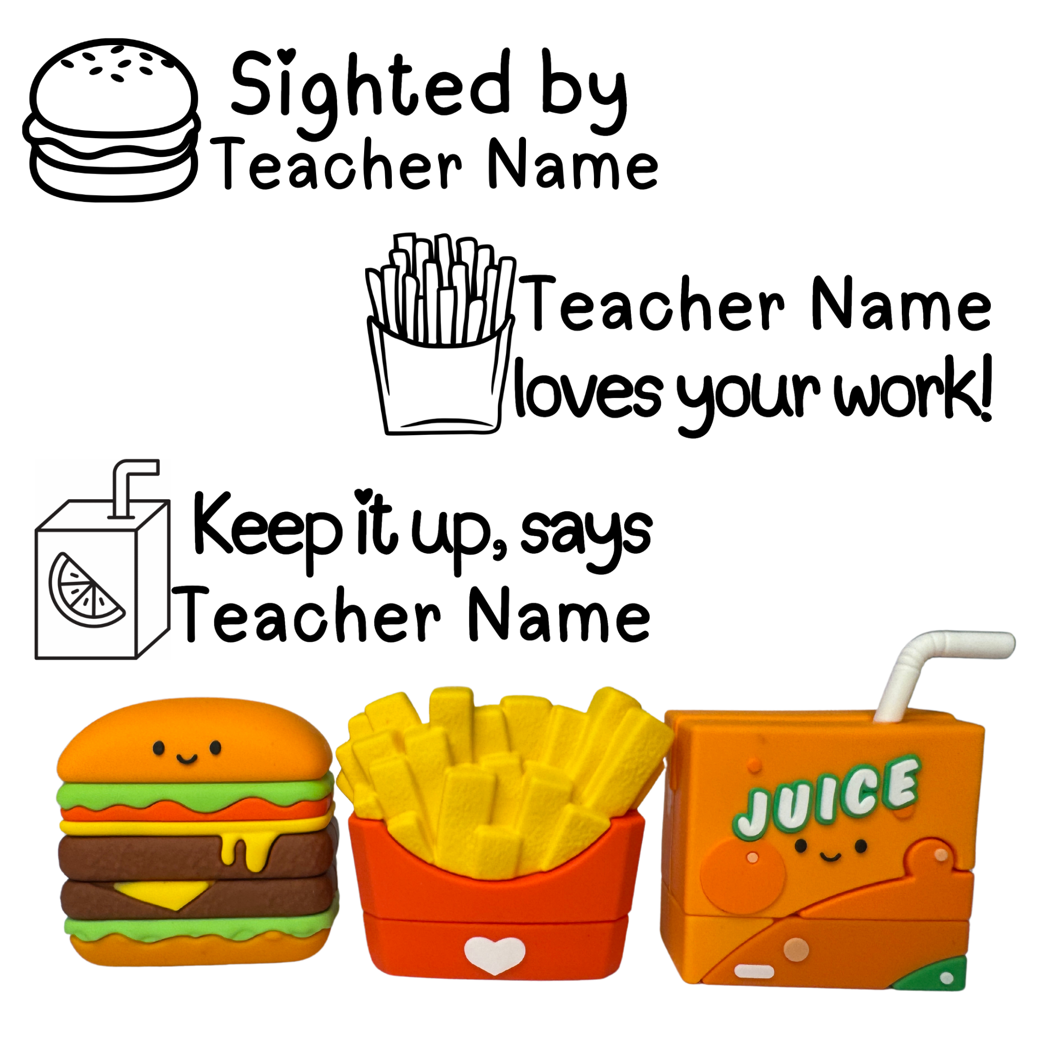 Gourmet Grading Collection Fast Food Personalised Stamp Set - 3 x Teacher Stamps 40mm x 15mm