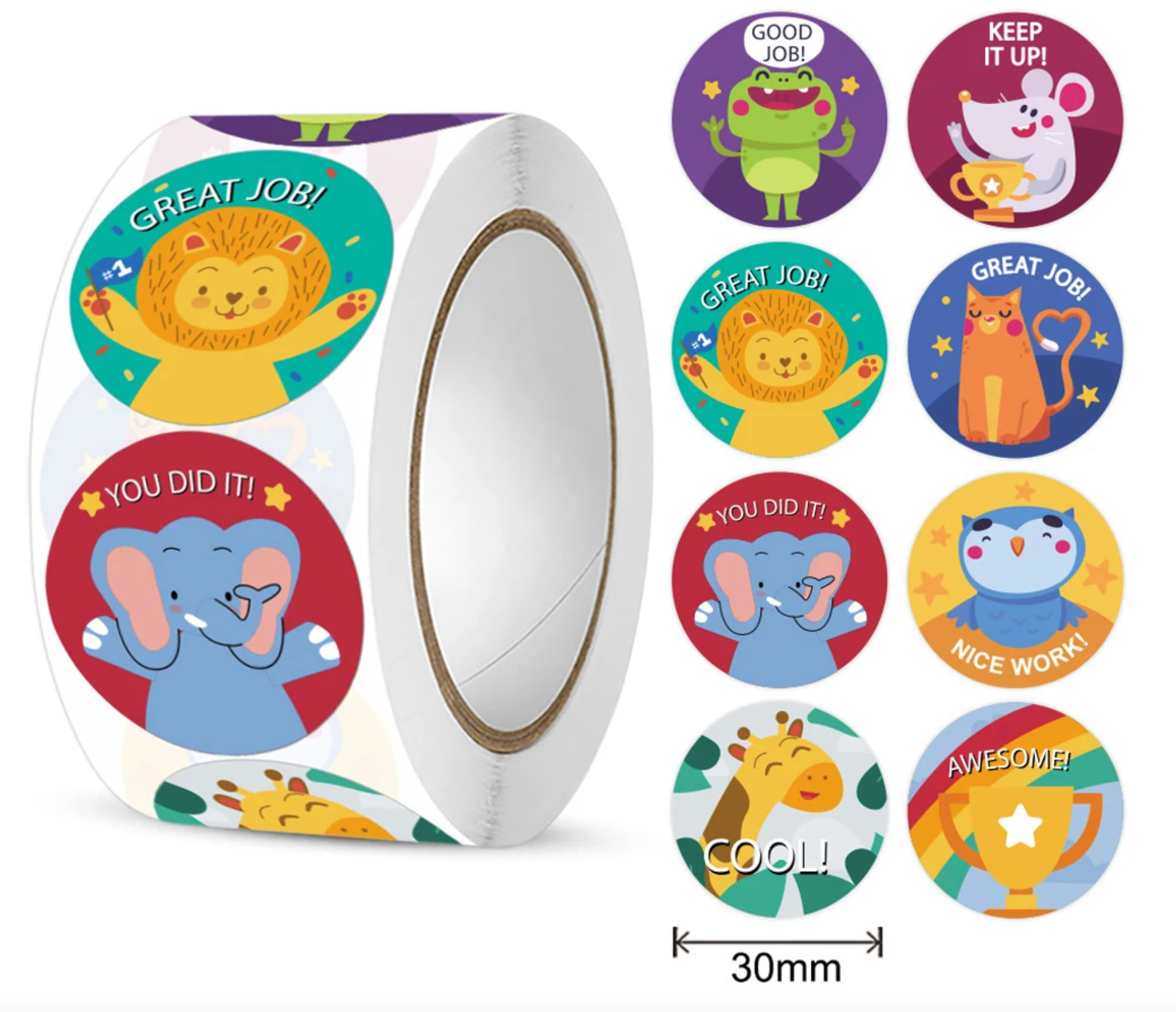 NEW!! Great Job Cute Animals Stickers 3cm x 300 on a roll - Colourful Teacher Merit Stickers