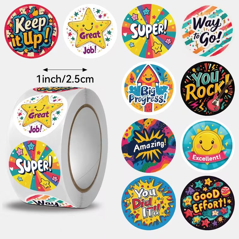 A roll of round sticker labels with motivational phrases, shown alongside multiple sample sticker designs. The text indicates 1 inch / 2.