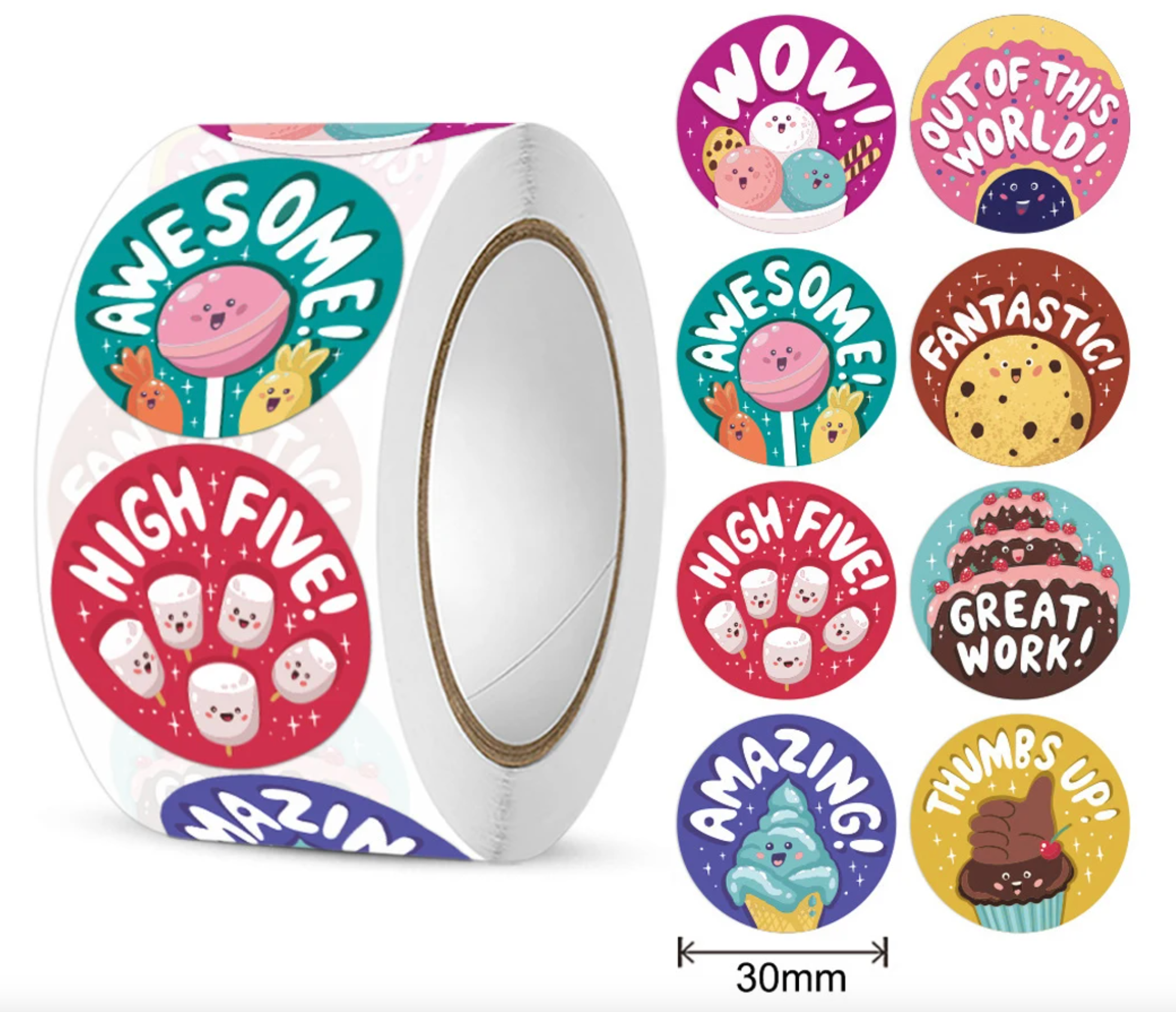 NEW!! Out of this world! Stickers 3cm x 300 on a roll - Colourful Teacher Merit Stickers