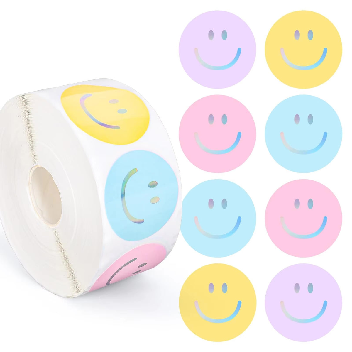 Pastel Holograph Smiley Face Stickers 500 on a roll