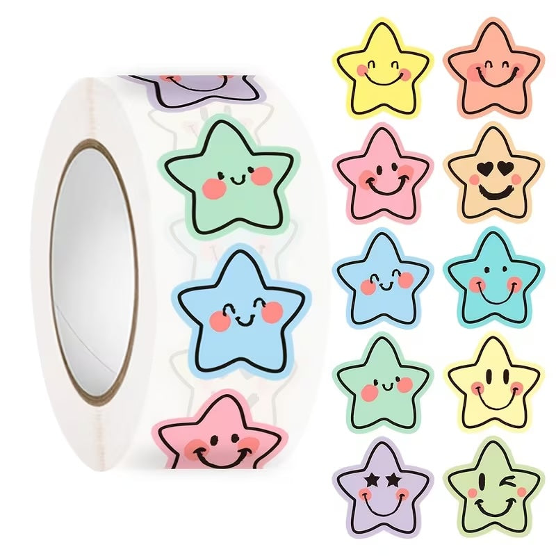 * NEW Pastel Star Faces Stars 500 on a roll - Colourful Teacher Merit Stickers
