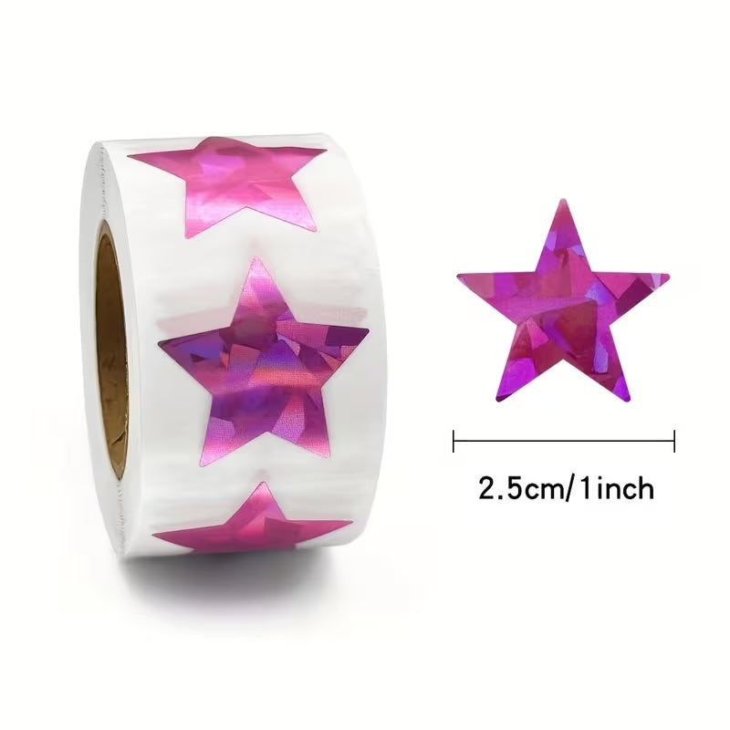 *STARS Pink Holographic Stickers 500 on a roll - Colourful Teacher Merit Stickers