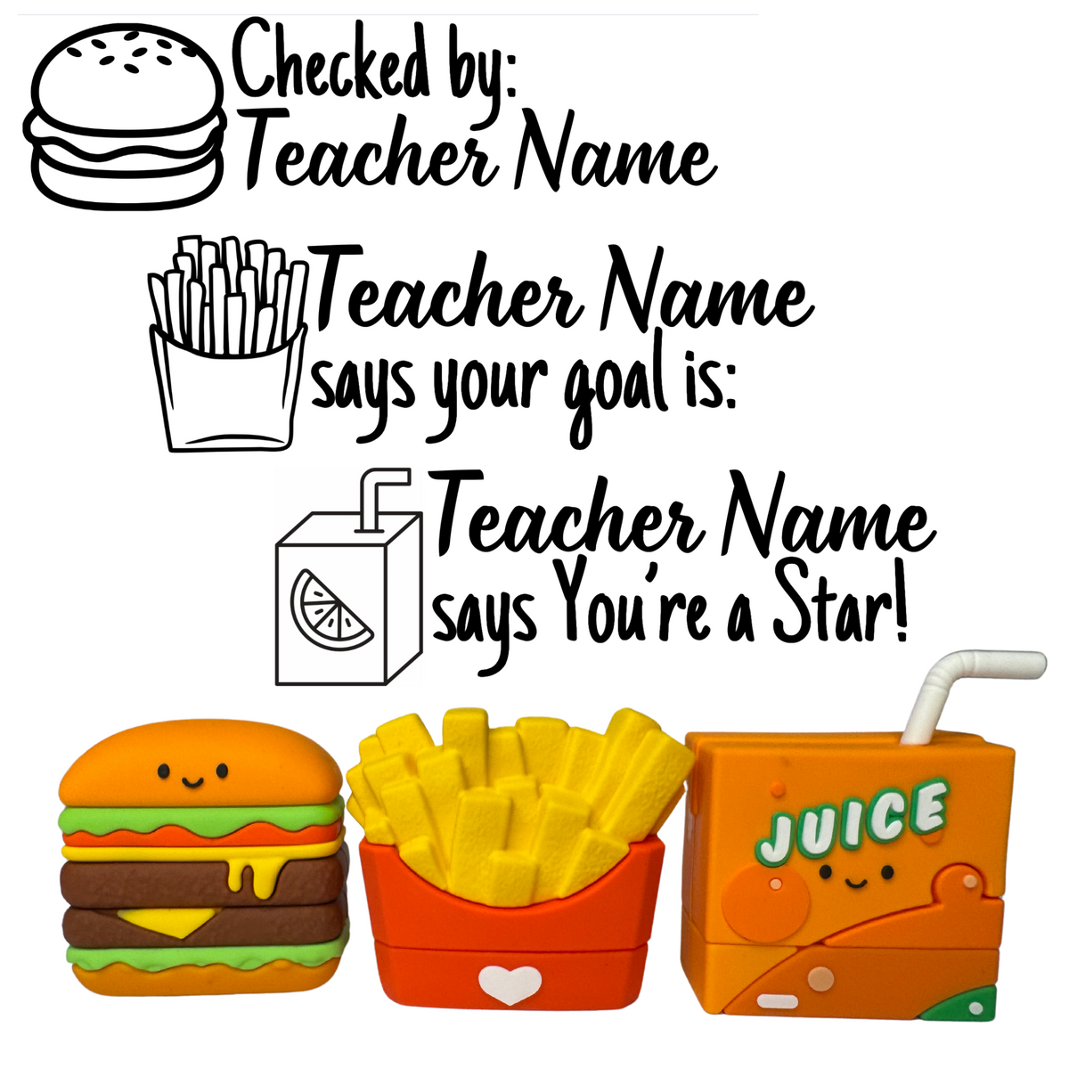 Quick Bite Collection Fast Food Personalised Stamp Set - 3 x Teacher Stamps 40mm x 15mm