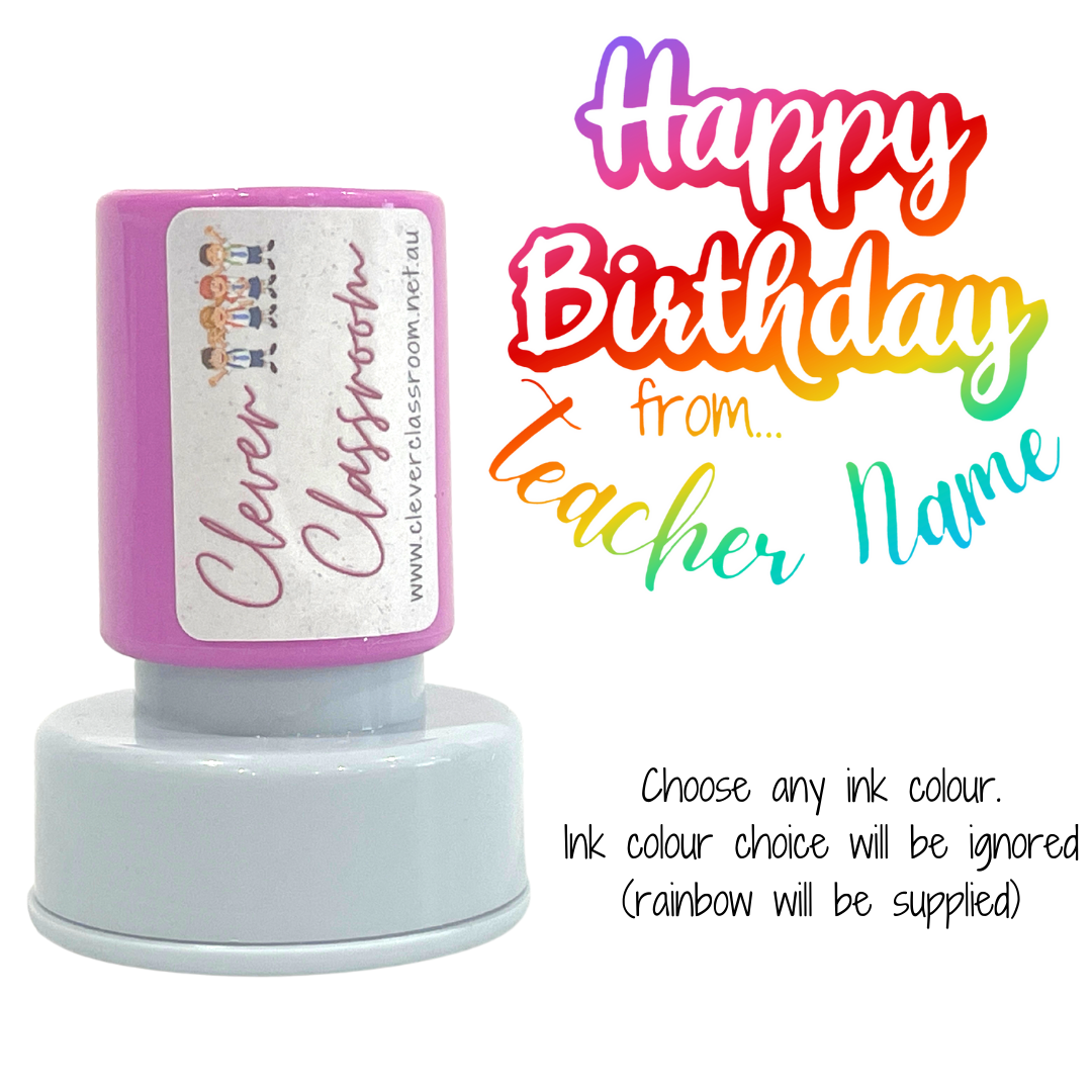 RAINBOW Happy Birthday! Personalised Teacher Stamp 30mm round