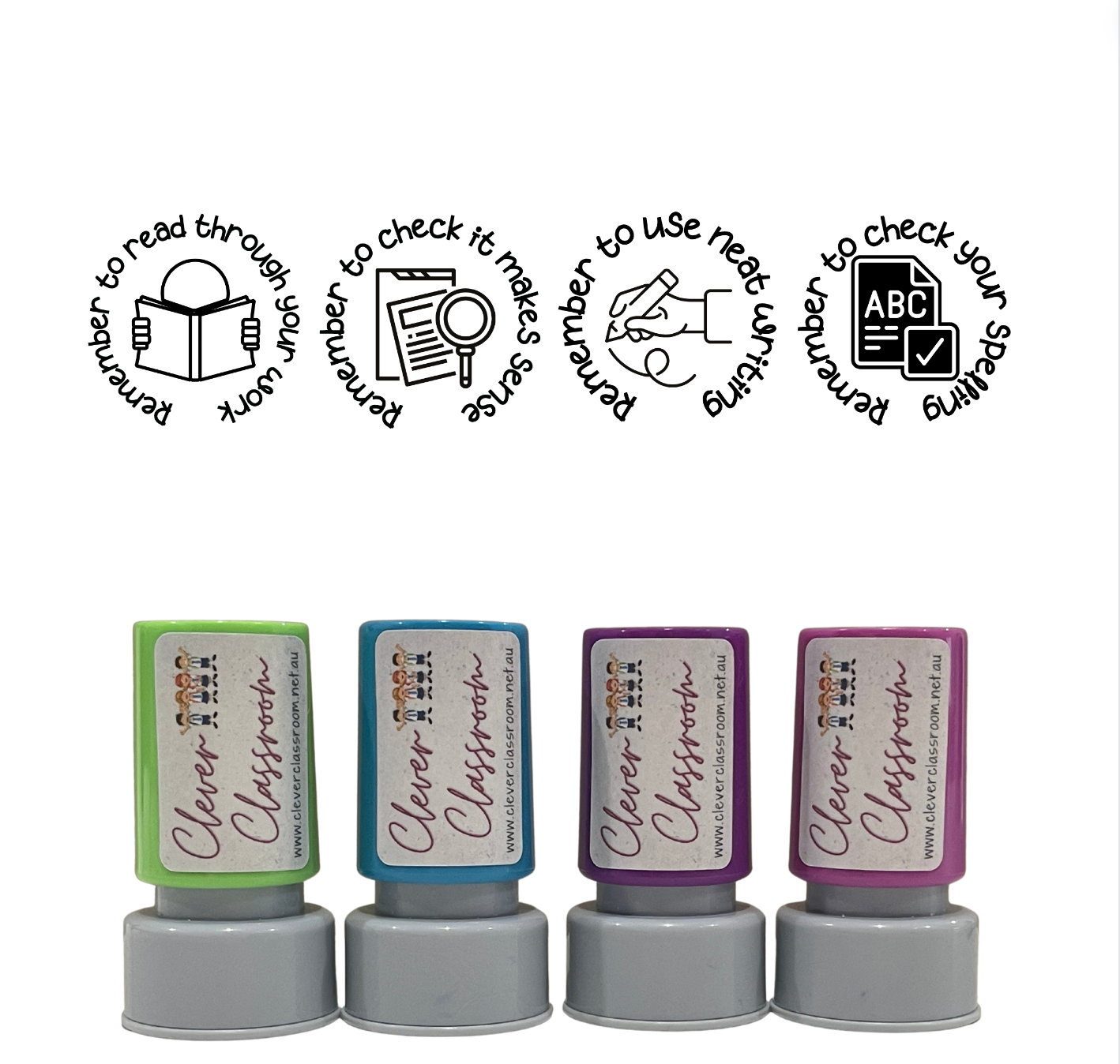 Stamp Set - 4 x Proofreading Writing Feedback Stamps 20mm round