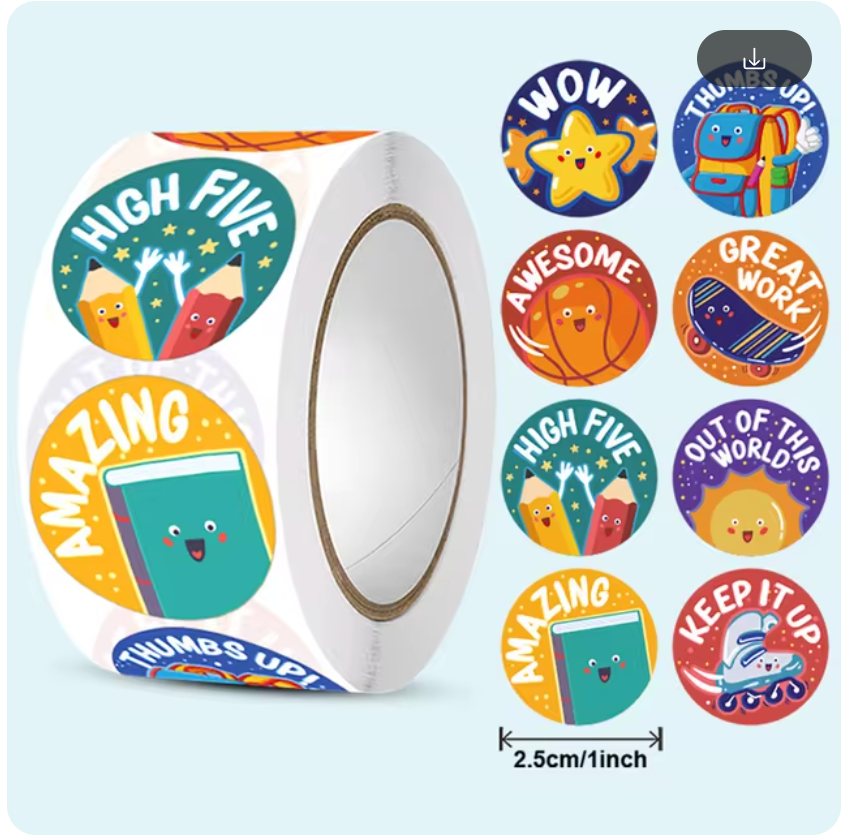 NEW!! High Five Stickers 500 on a roll - Colourful Teacher Merit Stickers