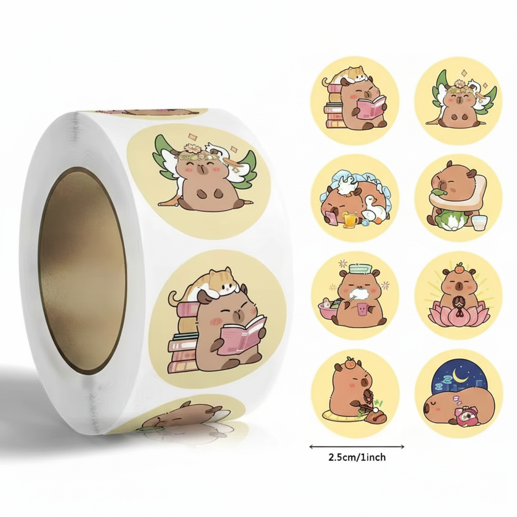 Roll of stickers with cartoon capybara designs on a beige background