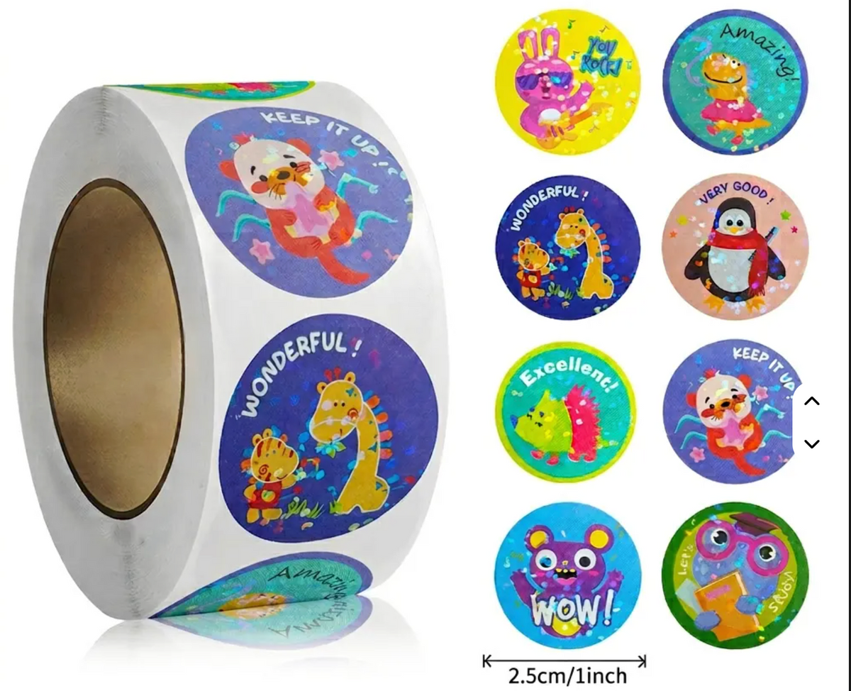Sparkly You Rock Cute Animals Stickers 500 on a roll