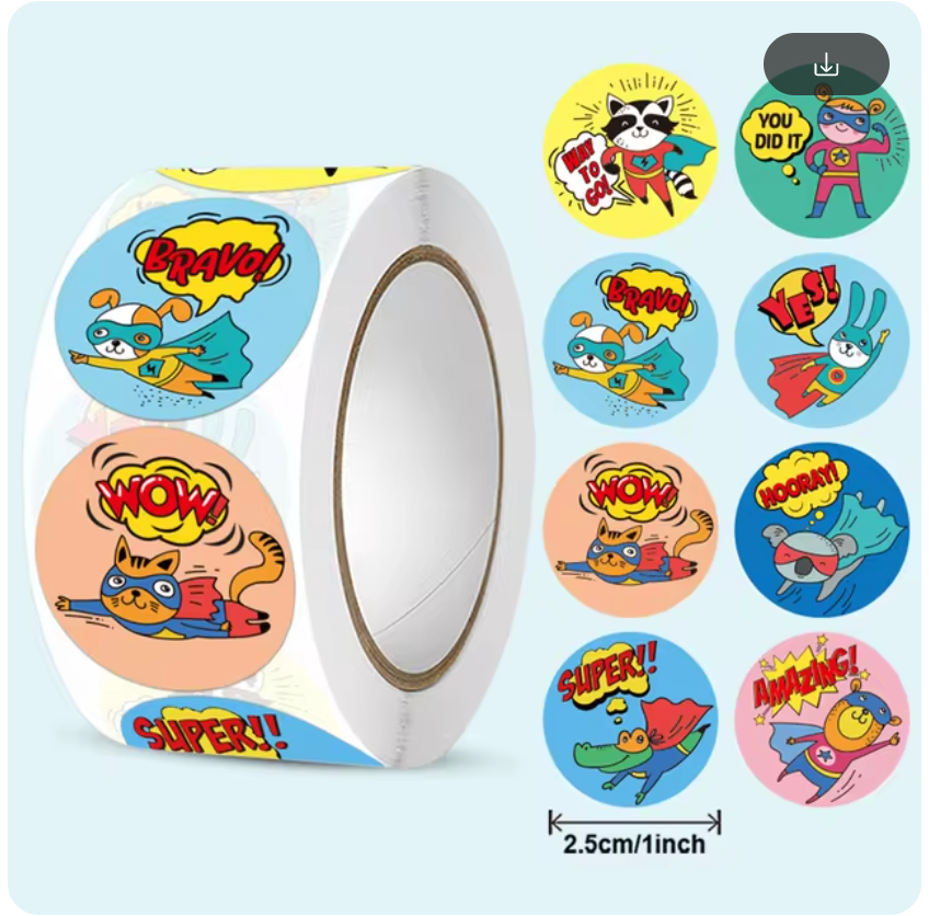 NEW!! Superhero pets Stickers 500 on a roll - Colourful Teacher Merit Stickers