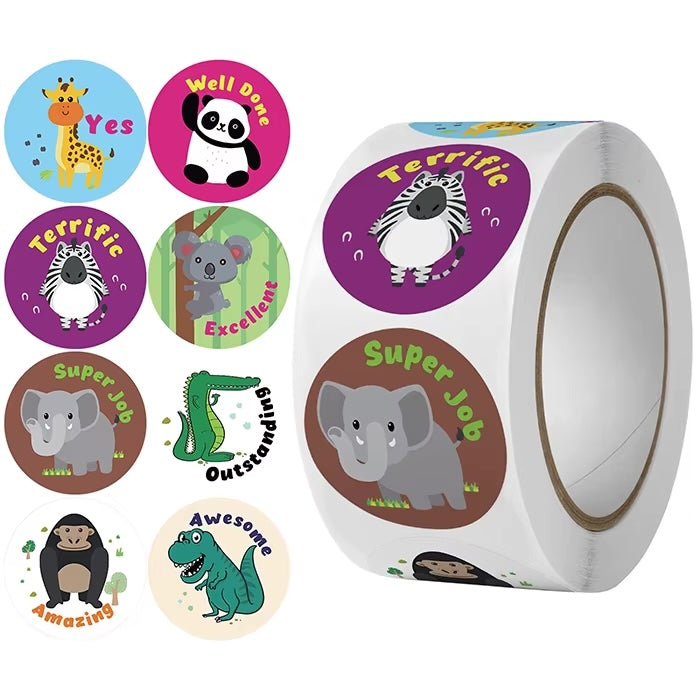 Terrific Animal Stickers 500 on a roll - Colourful Teacher Merit Stickers