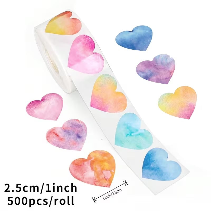 *HEARTS Watercolour Stickers 500 on a roll - Colourful Teacher Merit Stickers