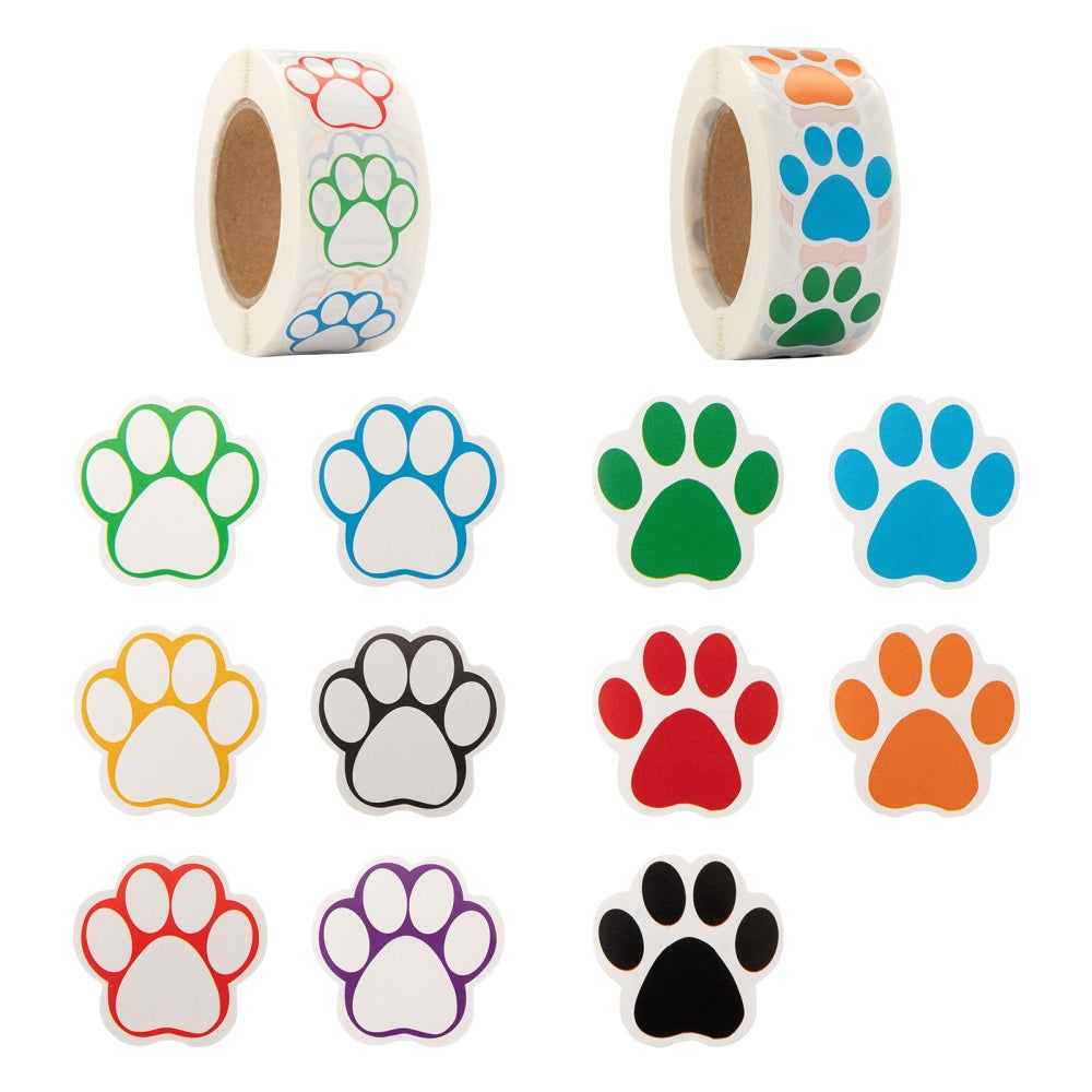 2 Pack Paw Prints Stickers 500 on a roll - Colourful Teacher Merit Stickers