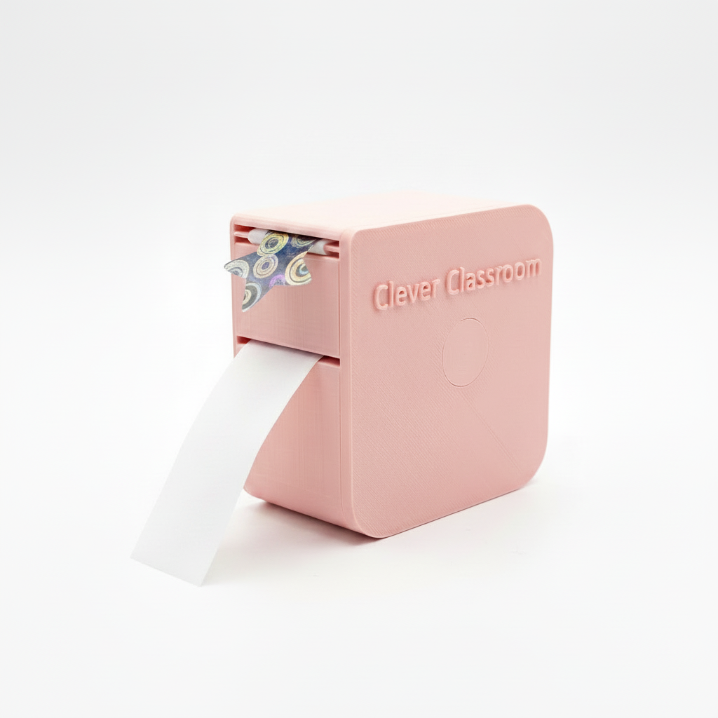 Purple sticker dispenser with decorative labels on a white background