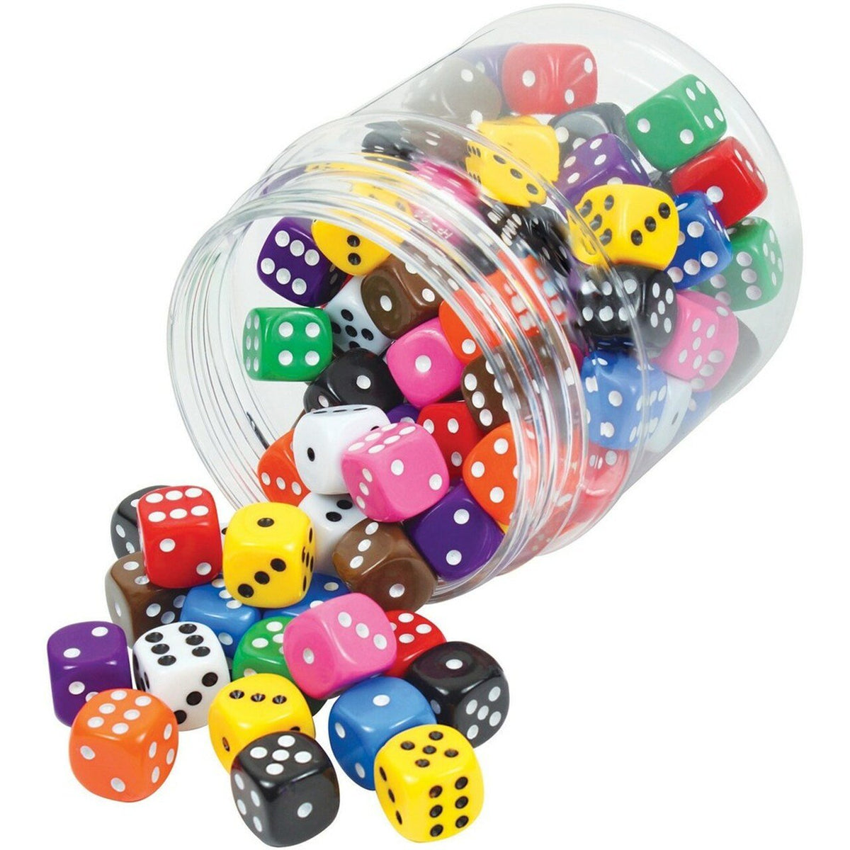 16mm coloured dice 6 sided bright colours 80 dice in a jar.