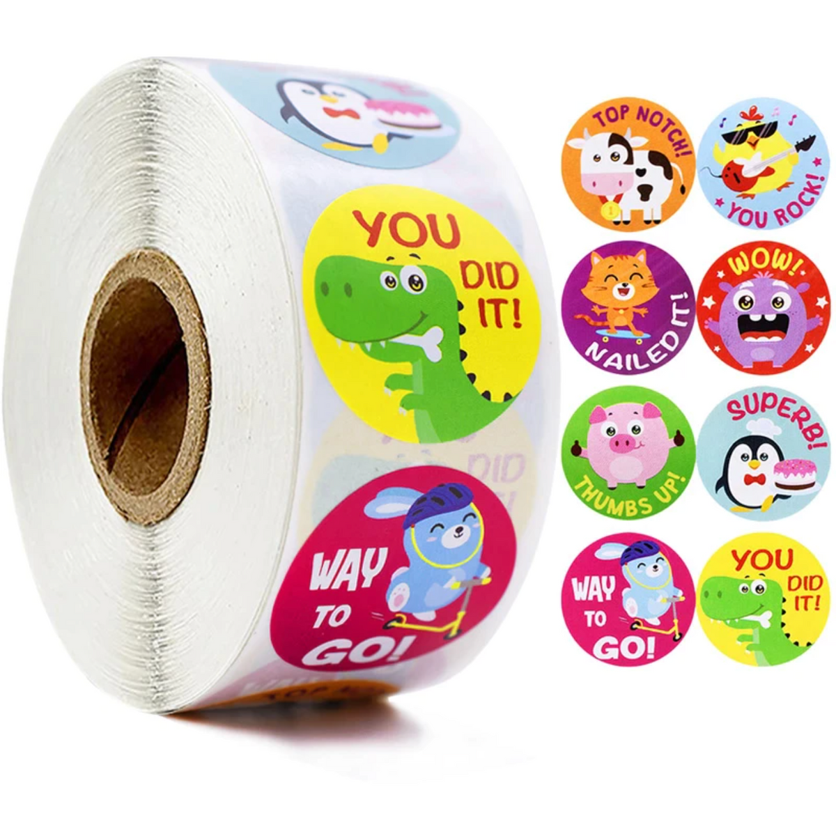 Light Gray Cute Animals Stickers 500 on a roll - Colourful Teacher Merit Stickers