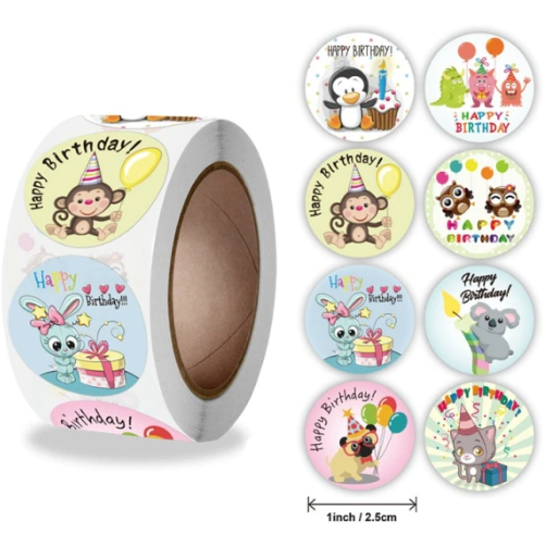 Light Gray Happy Birthday Cute Animals 500 on a roll - Colourful Teacher Merit Stickers