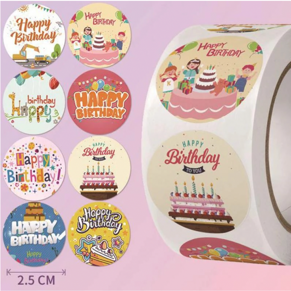 Light Gray Happy Birthday Bubble 500 on a roll - Colourful Teacher Merit Stickers