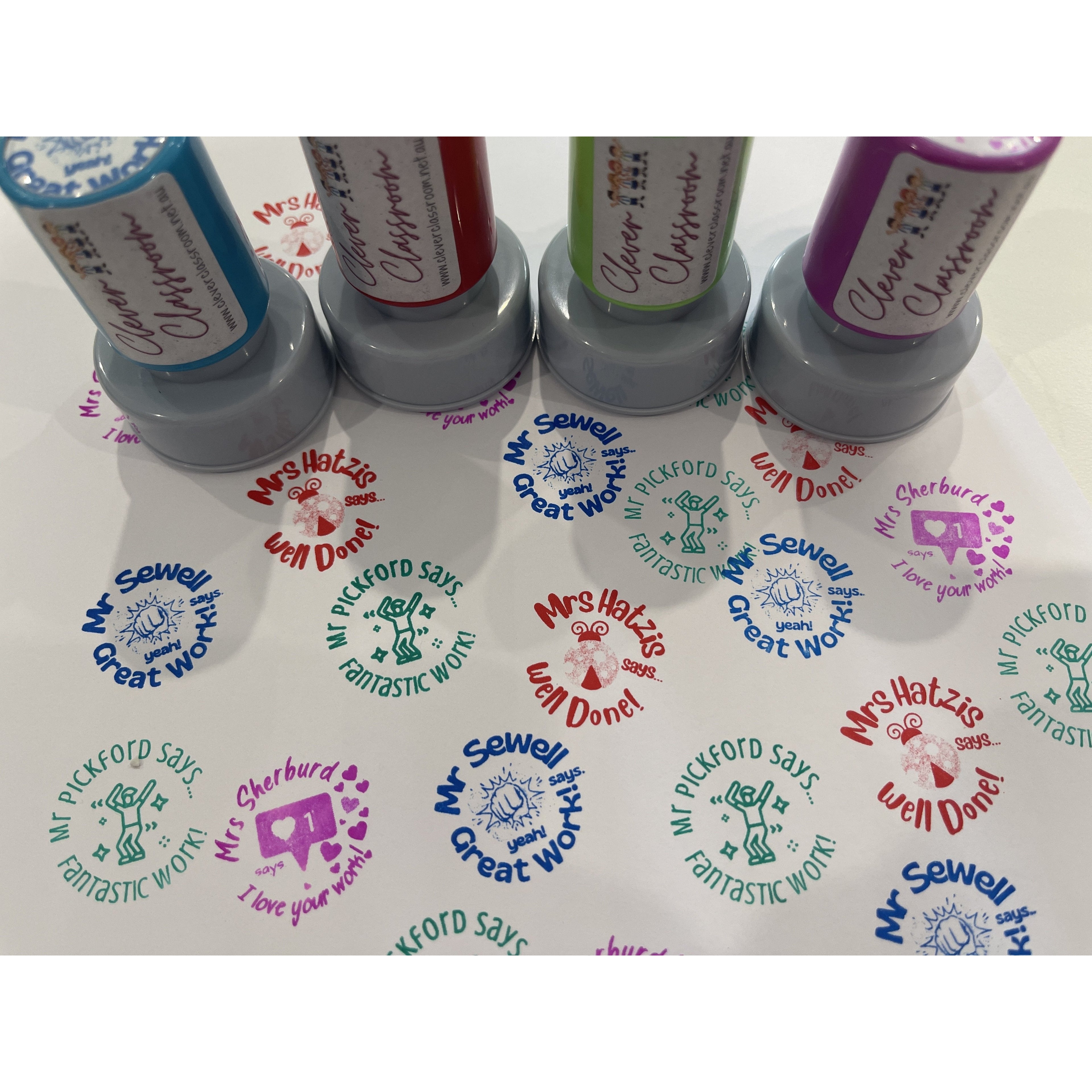 Gray Fist Bump Great Work!  Personalised Teacher Stamp Self-inking 30mm round