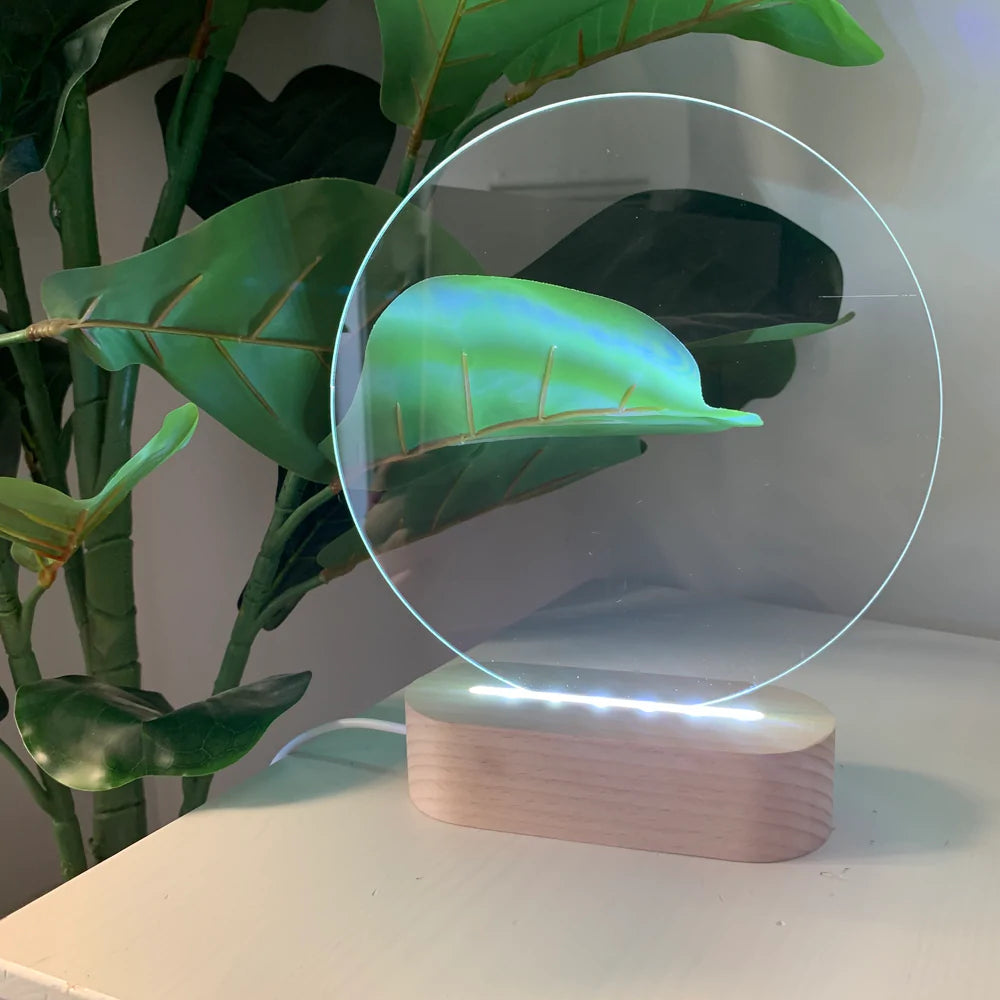 Dim Gray Round LED Acrylic Light with Timber base 7 colours Personalised Teacher Name Gift