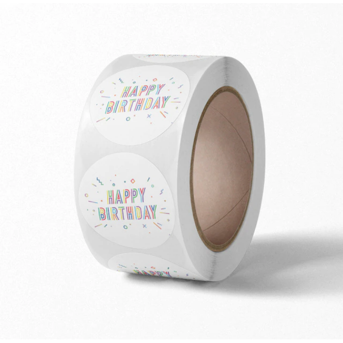 White Smoke Happy Birthday Party Text 500 on a roll - Colourful Teacher Merit Stickers