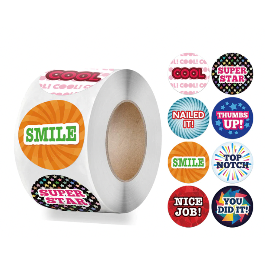 Light Gray SMILE Award Stickers 500 on a roll - Colourful Teacher Merit Stickers