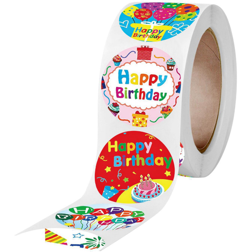 Light Gray Happy Birthday 500 on a roll - Colourful Teacher Merit Stickers