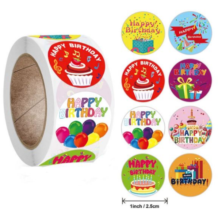 Light Gray Happy Birthday 2 500 on a roll - Colourful Teacher Merit Stickers