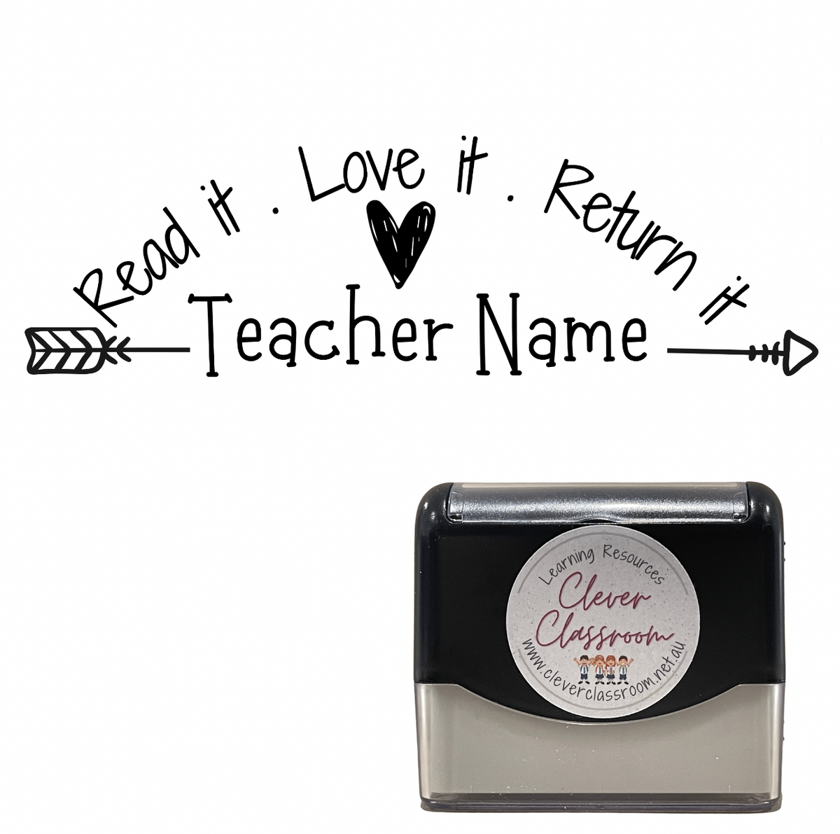 Black Read it . Love it . Return it Personalised Teacher Stamp Self-inking Teacher Name 18 x 54mm
