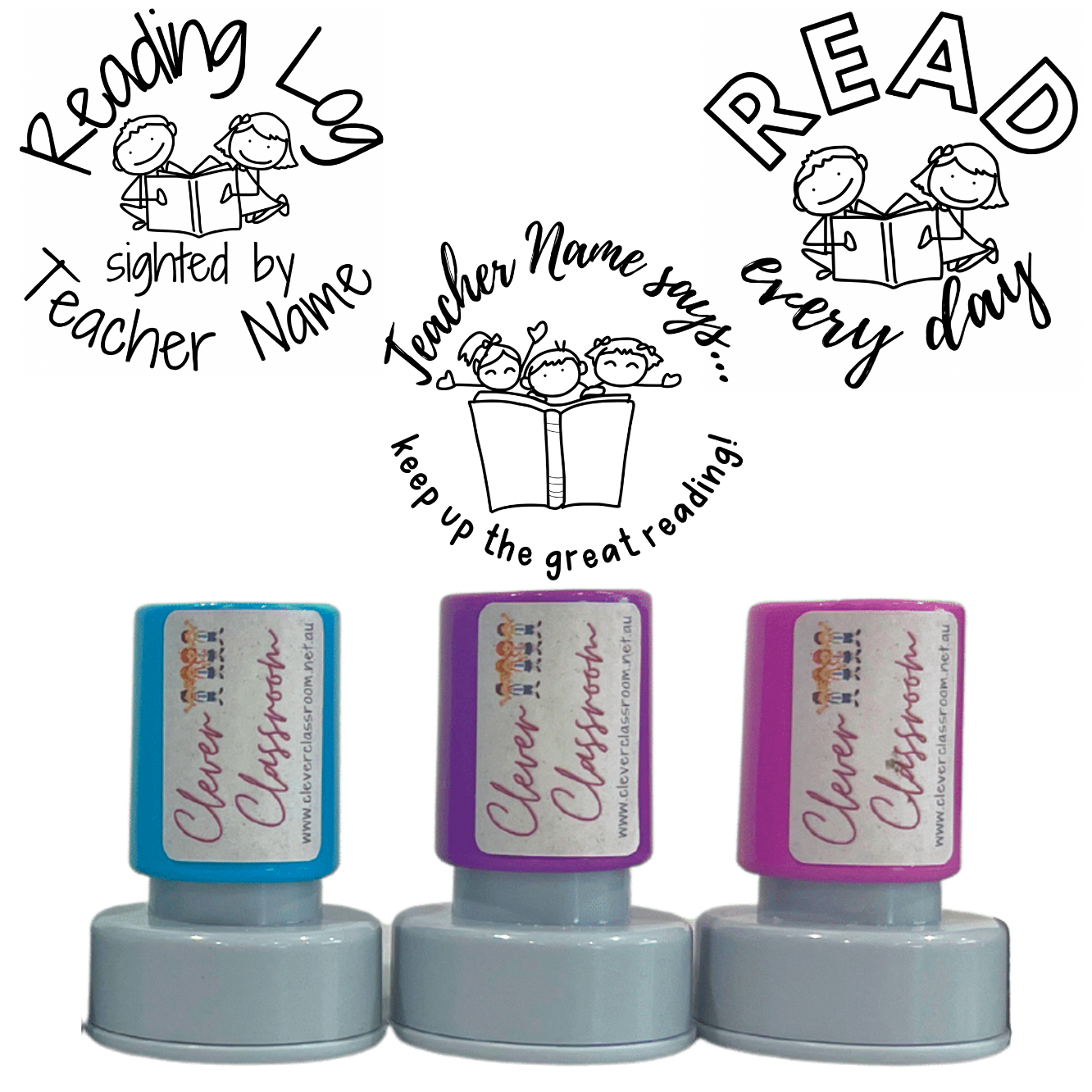 Light Slate Gray Stamp Set - 3 x Reading Teacher Stamps 30mm
