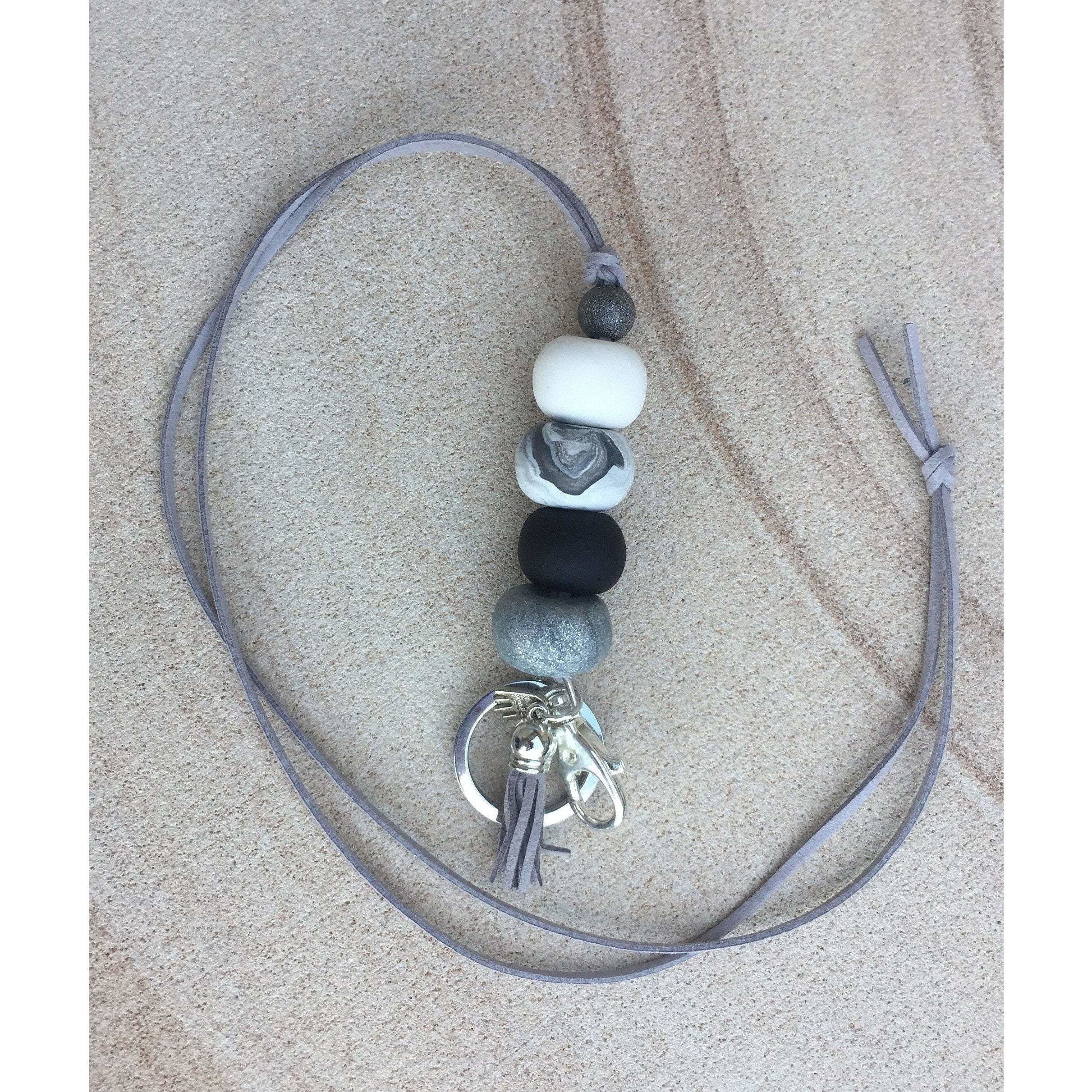 Black, Silver and White Marble Polymer Clay Lanyard - with Tassel and key ring - Full Length Lanyard - Clever Classroom