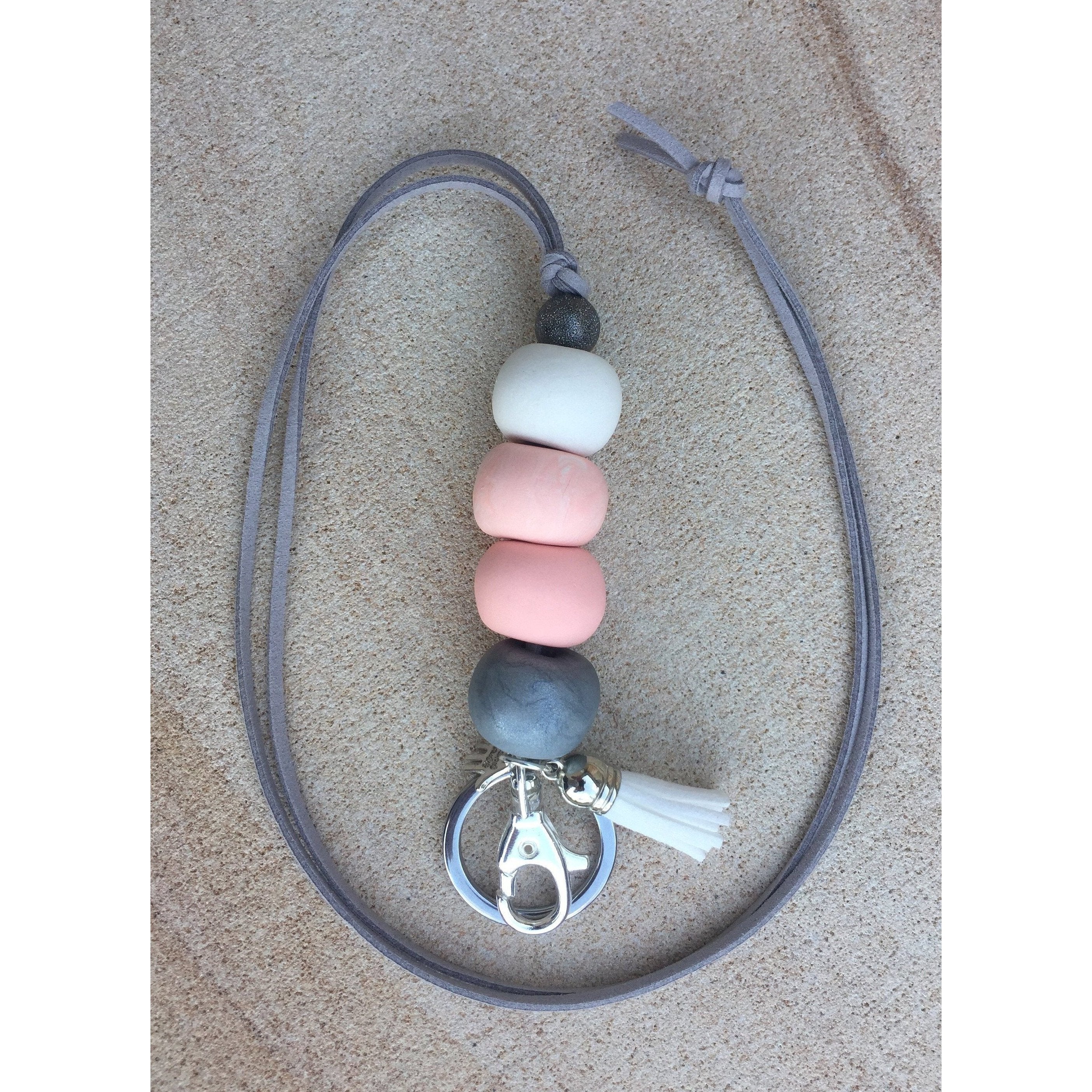 cleverclassroom-net-au - Blush, Marble and Grey Marble Polymer Clay Lanyard - with Tassel and key ring - Full Length Lanyard - Lanyard