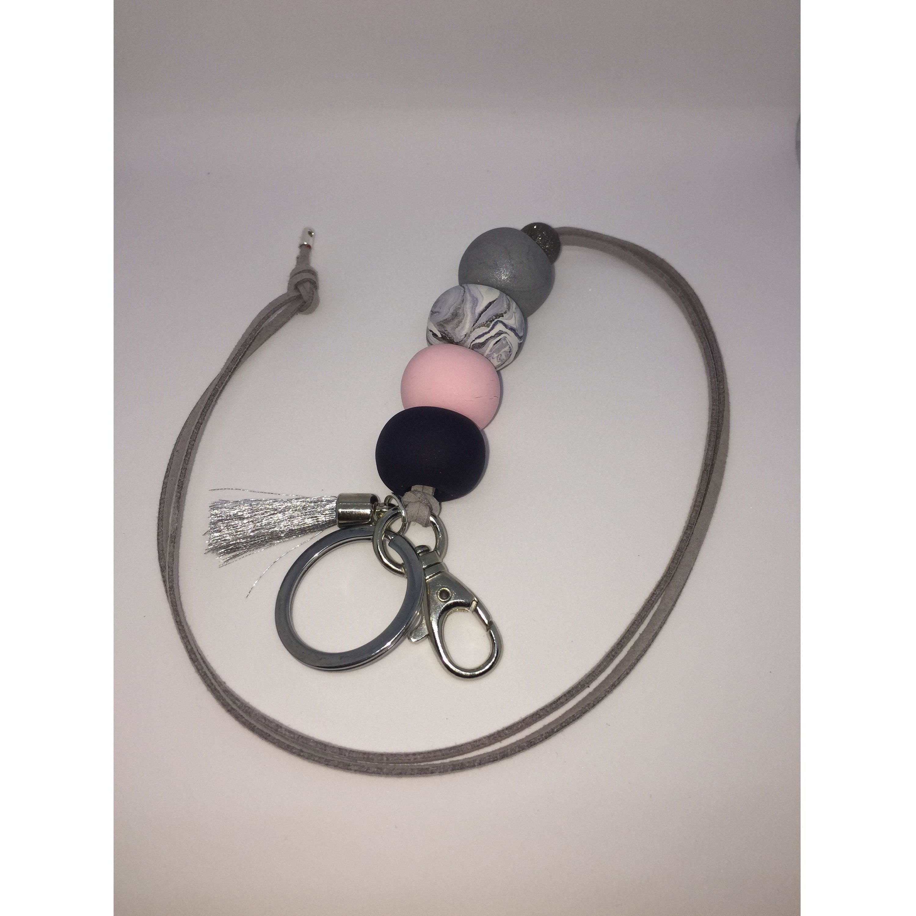 Blush Pink, Grey and Navy Blue Polymer Clay Lanyard - with Tassel and key ring - Full Length Lanyard - Clever Classroom