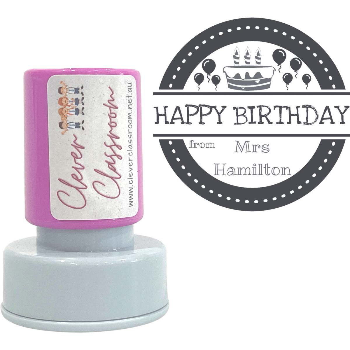 Light Gray Happy Birthday from (Teacher name) - Teacher Stamp Self-inking 30mm round