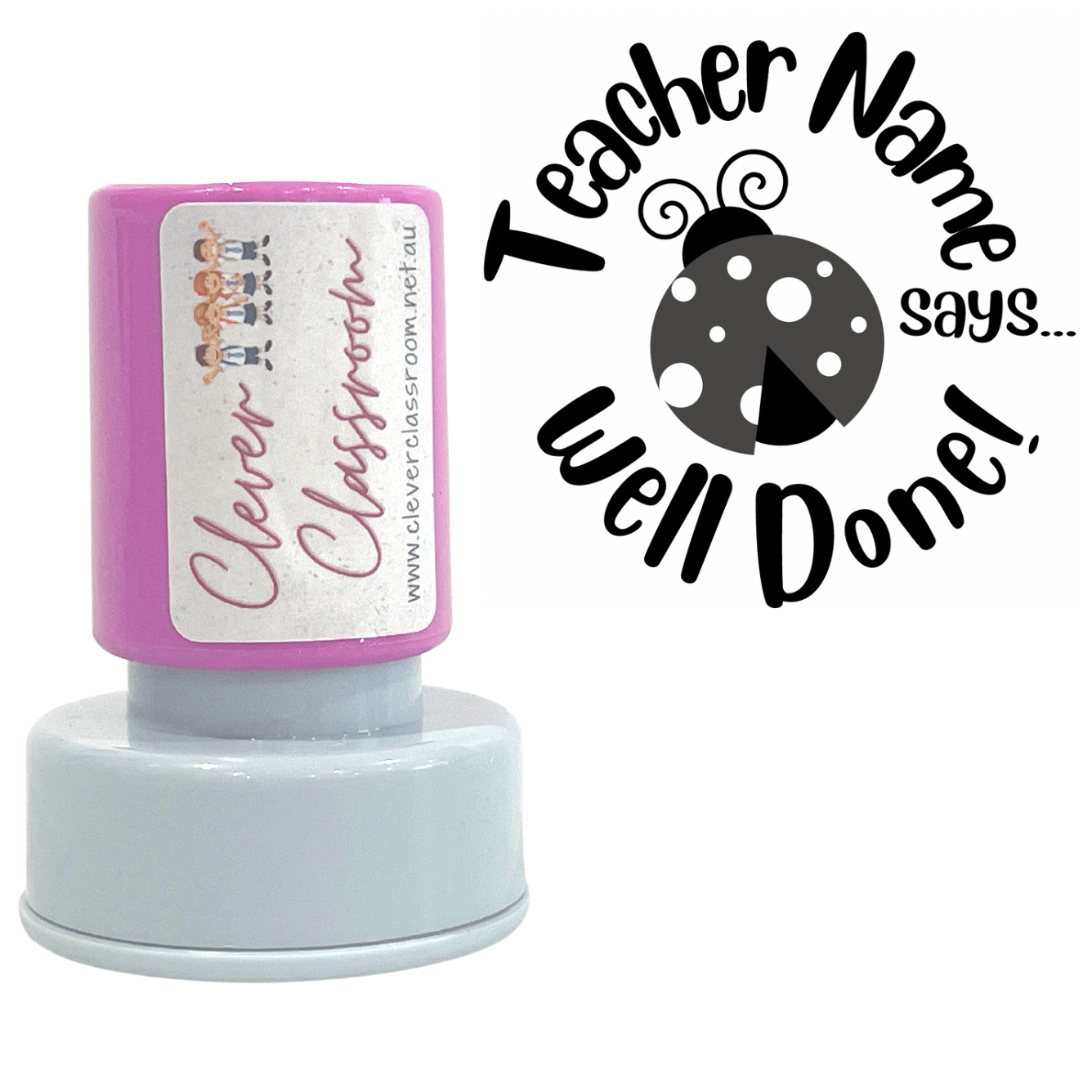 Gray Lady Bug Well Done! Personalised Teacher Stamp Self-inking 30mm round