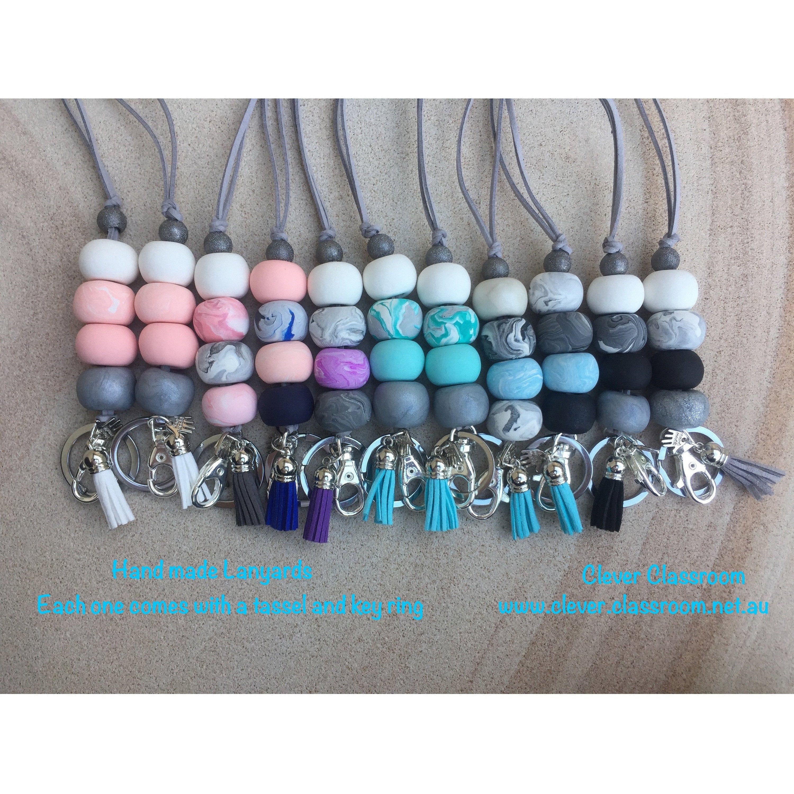 Pale Pink and Grey Marble and White Polymer Clay Lanyard - with Tassel and key ring - Clever Classroom
