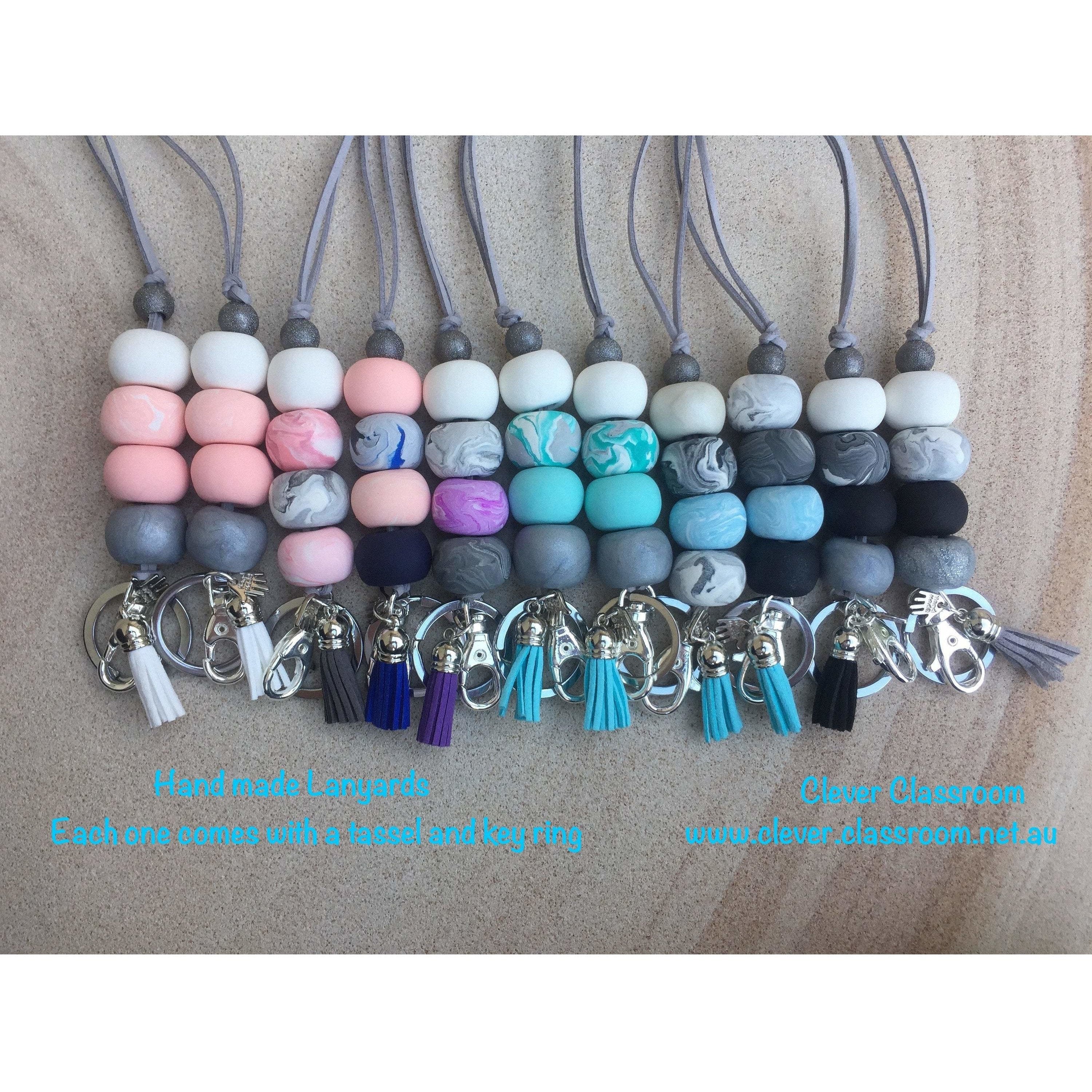 Violet, Marble Grey and White Polymer Clay Lanyard - with Tassel and key ring - Clever Classroom