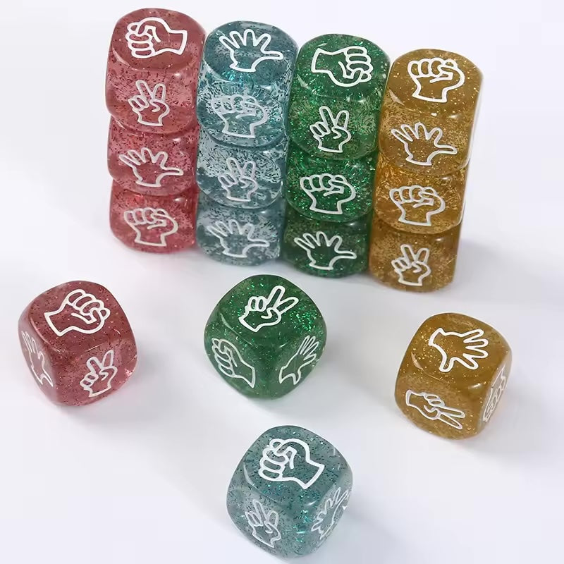 TRANSPARENT Glitter Rock, Paper, Scissors Dice 4 Pack