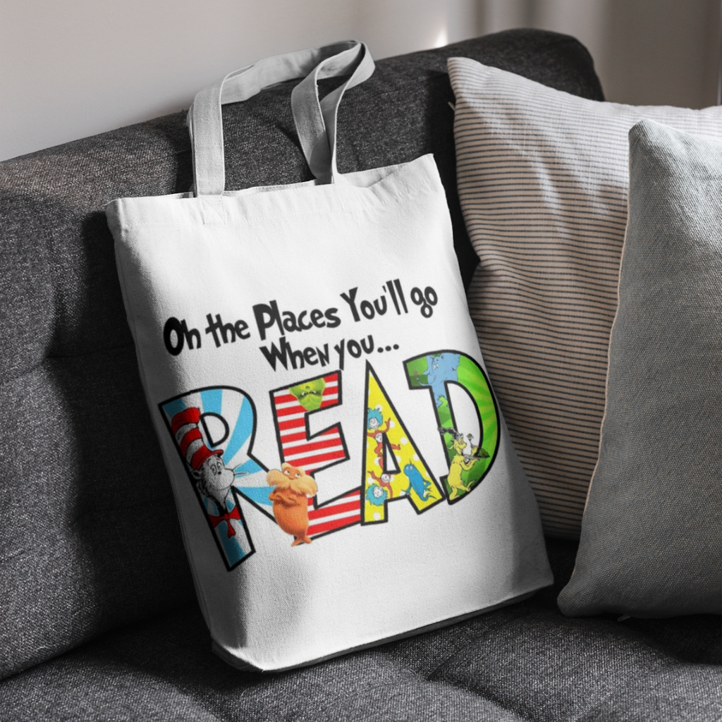 Teacher Gift - Oh the places you'll go when you read Bag reusable Calico Large