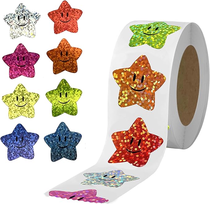 *SMILEY STARS Multicolour Holographic Stickers 500 on a roll - Colourful Teacher Merit Stickers