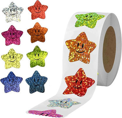 *SMILEY STARS Multicolour Holographic Stickers 500 on a roll - Colourful Teacher Merit Stickers