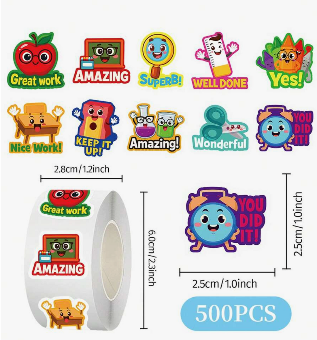 Amazing School Award Stickers 500 on a roll -  Colourful Teacher Merit Stickers